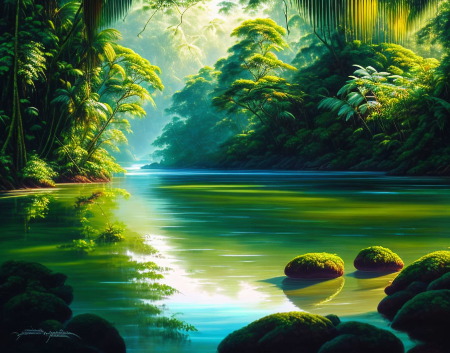 Serene tropical forest with river, sunbeams, mist, and moss-covered rocks