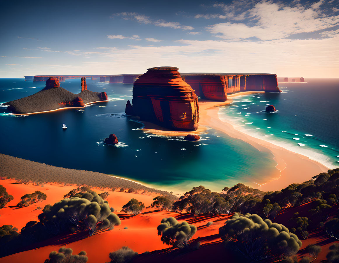 Fictional Desert Coastline with Towering Cliffs and Azure Waters