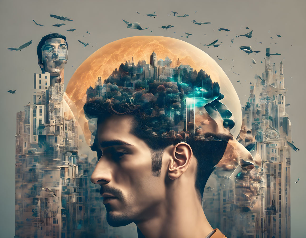 Surreal composite image of a man's profile with urban landscapes and birds symbolizing complex thoughts.