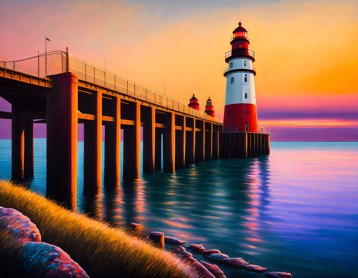 Vibrant orange and purple sunset behind serene lighthouse on pier