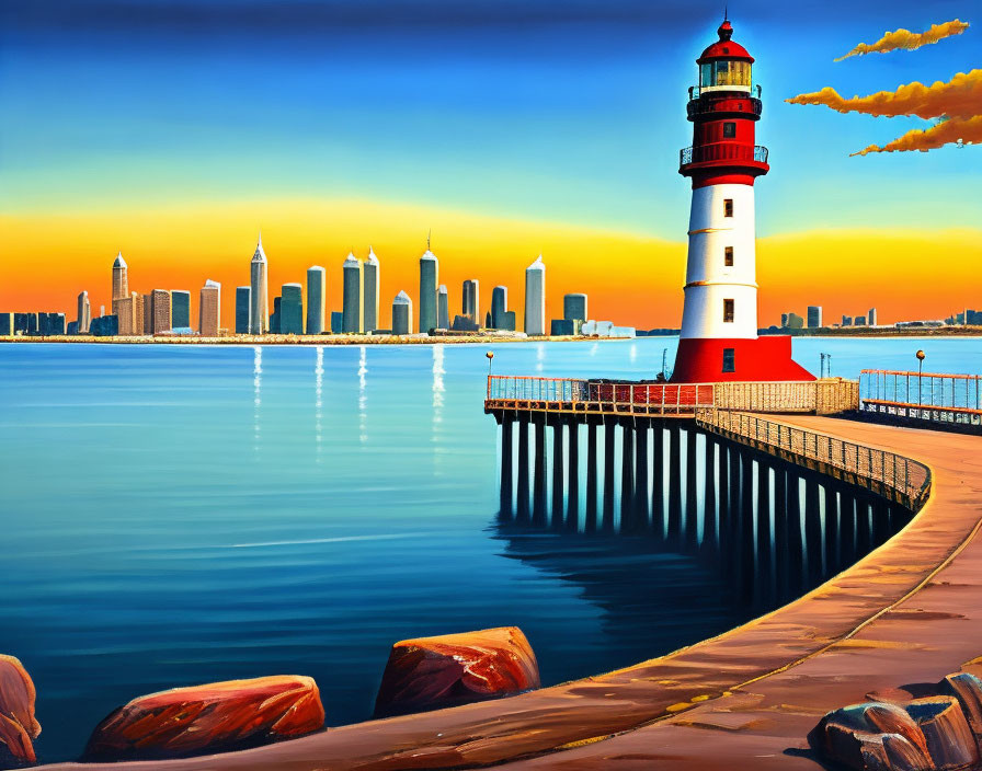 Colorful painting of red and white lighthouse on pier with skyline and sunset sky