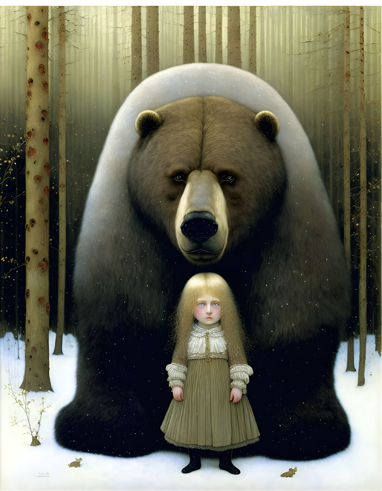 Young girl in vintage dress with giant bear in snowy forest