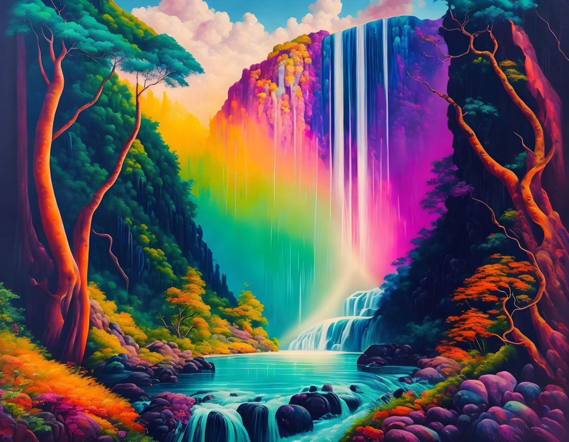 Vibrant fantasy landscape with waterfall and mystical forest