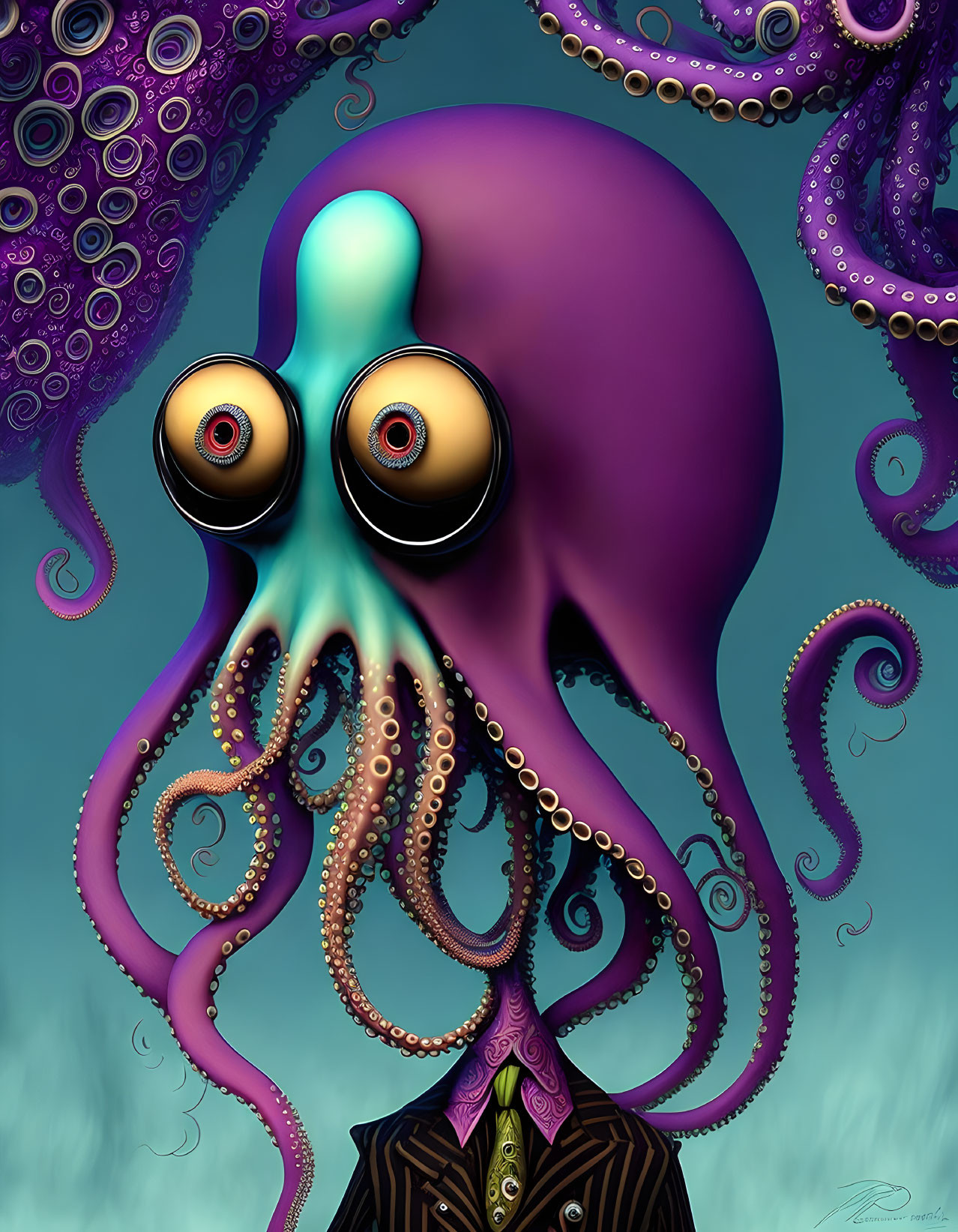 Colorful Octopus Illustration in Suit on Teal Background