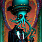 Stylized octopus character in top hat and suit on ornate orange background