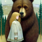 Girl in Blue Dress Stands with Giant Bear in Mystical Forest