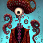 Colorful Octopus-Headed Character in Decorated Suit on Blue Background