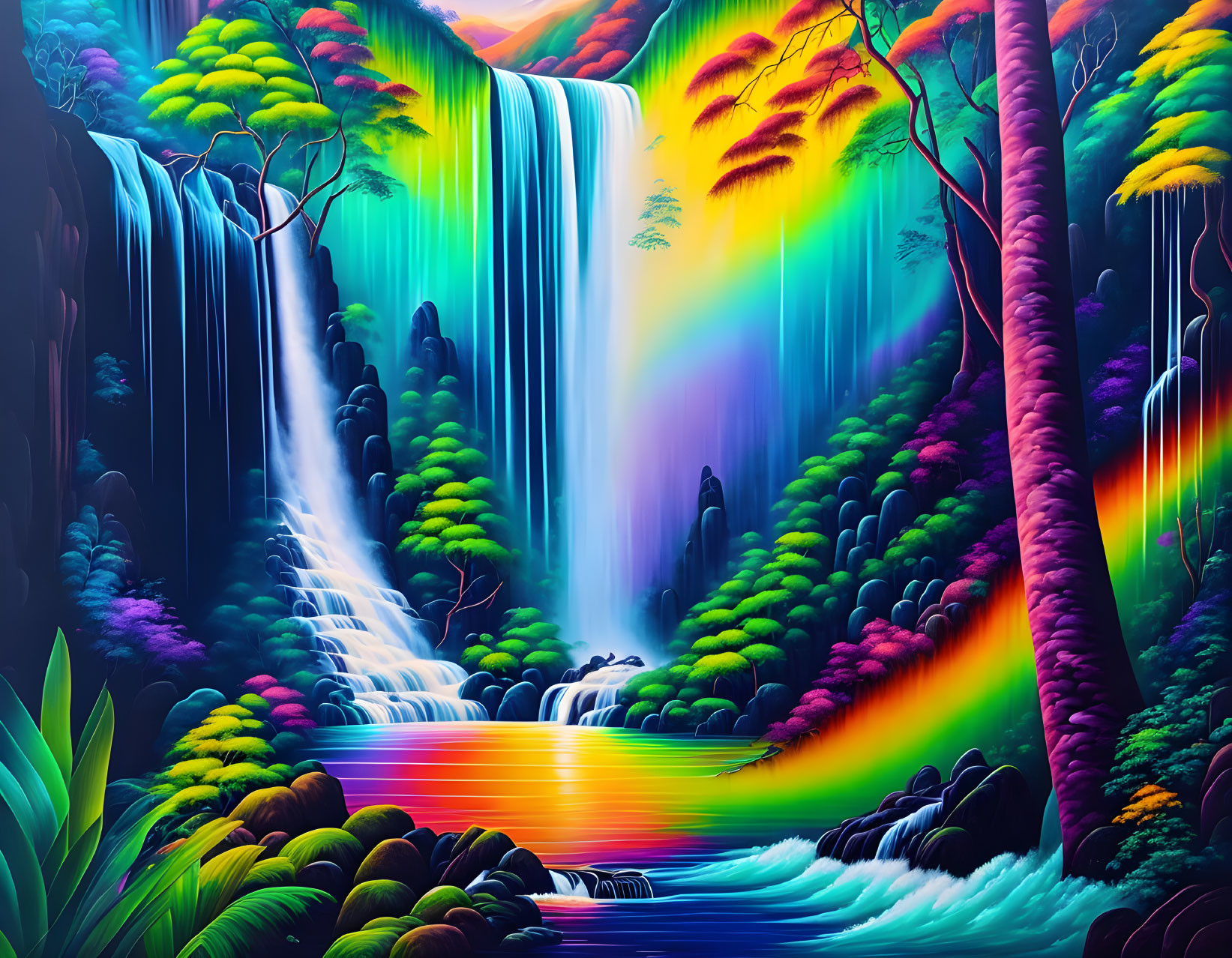 Colorful digital artwork of a vibrant waterfall scene with rainbows and tropical flora