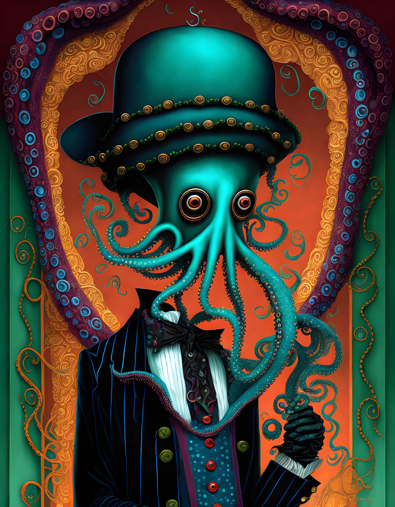 Stylized octopus character in top hat and suit on ornate orange background