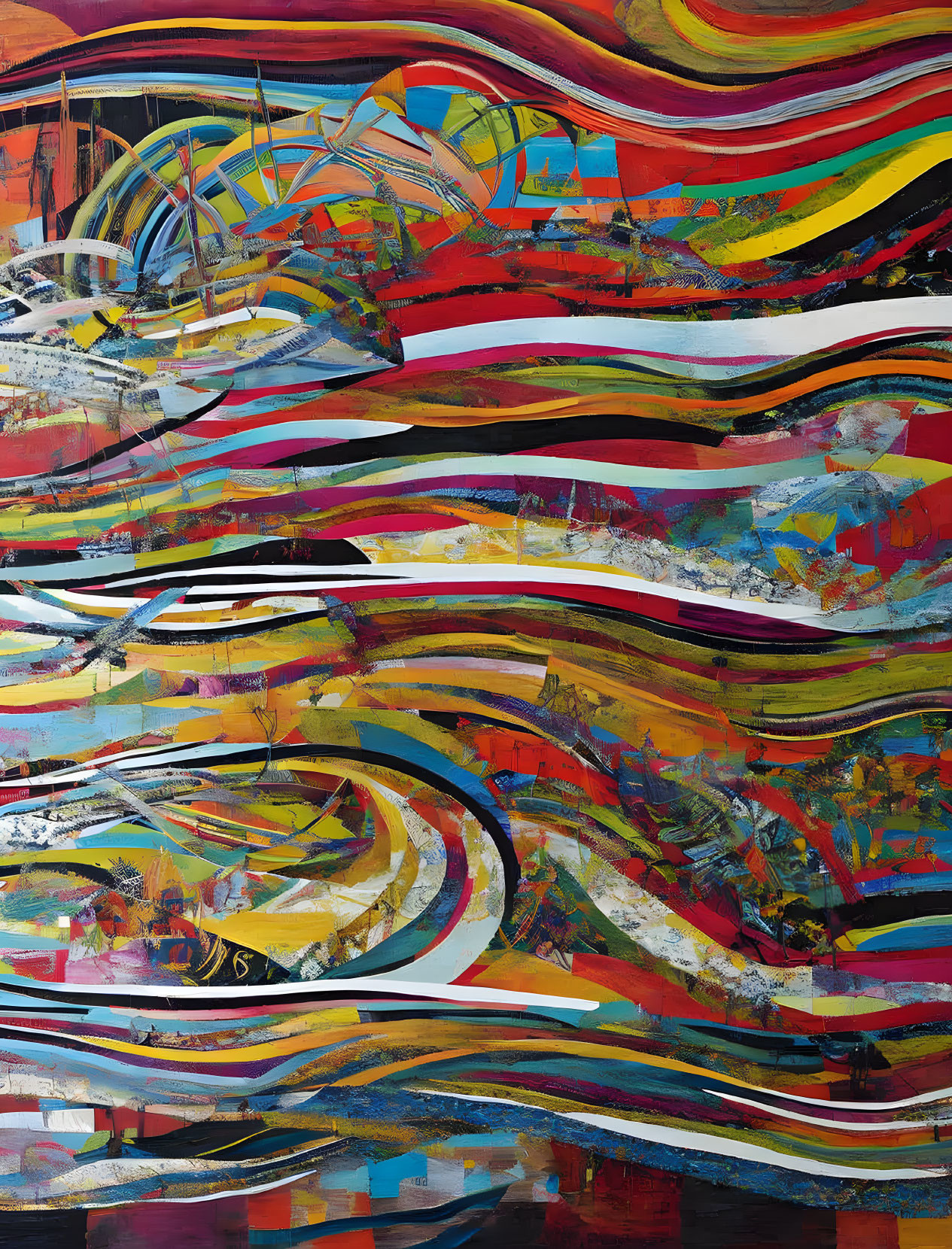 Vibrant Abstract Painting with Swirling Lines and Color Splashes