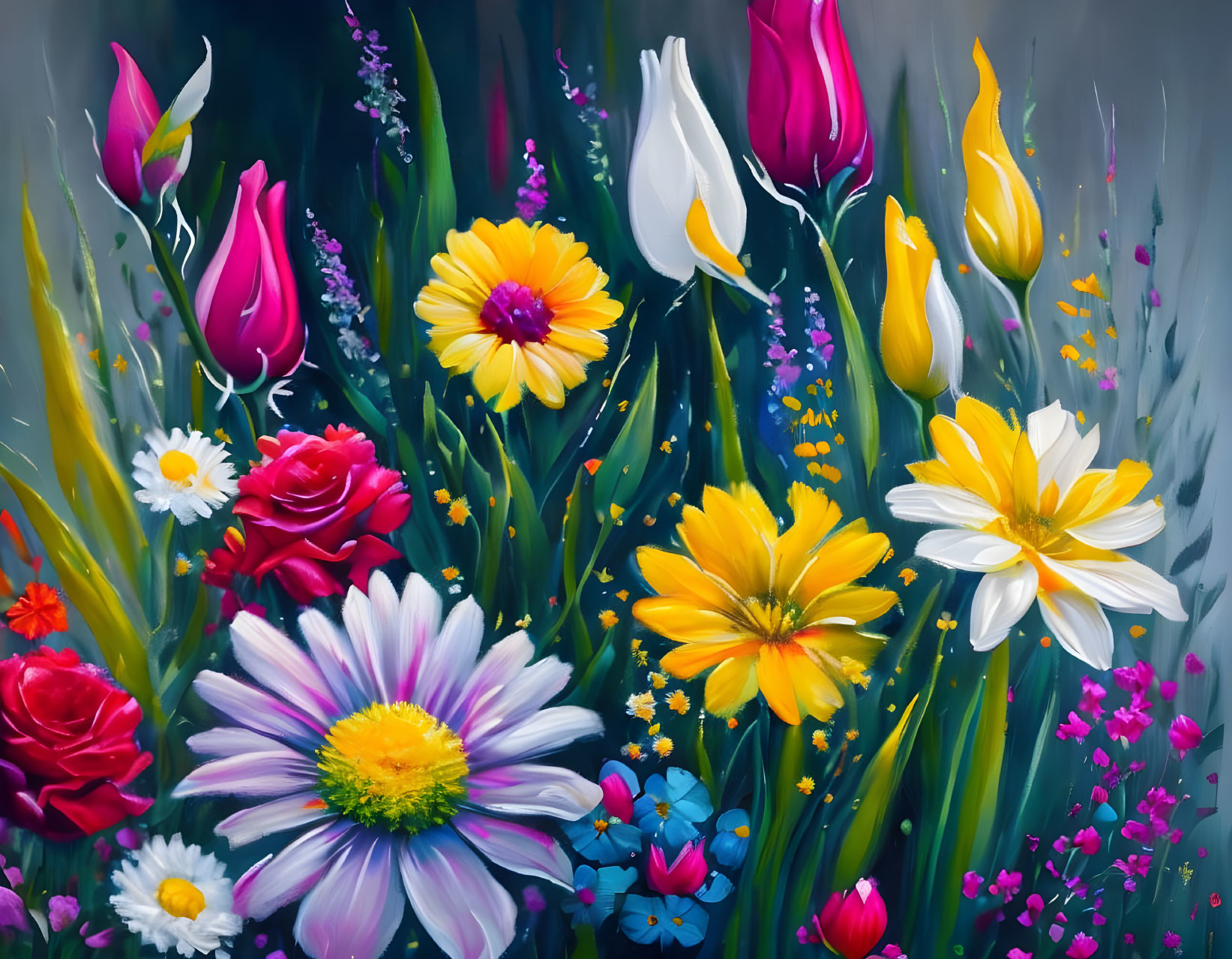 Vibrant Flower Bouquet with Tulips and Daisies on Gray Background