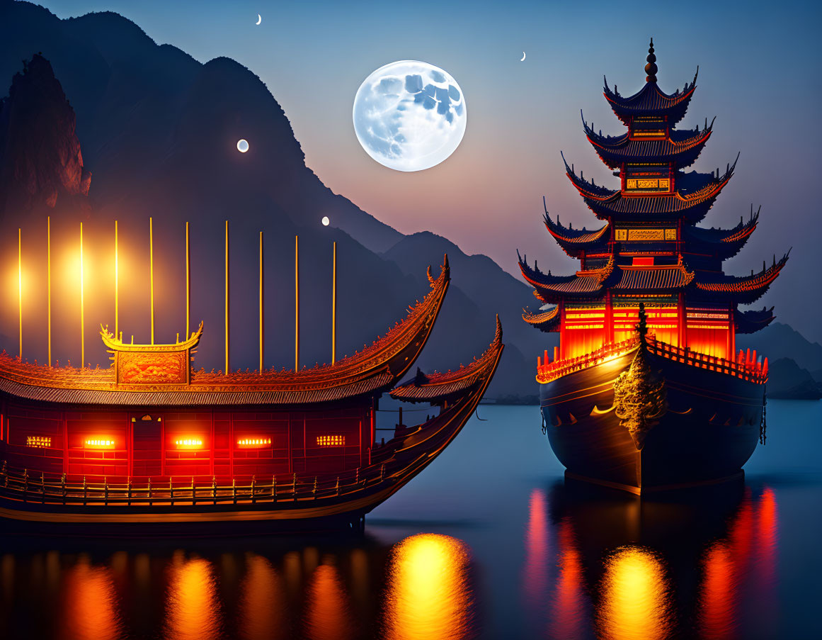 Traditional Chinese Pagoda and Boat on Moonlit Lake with Mountains