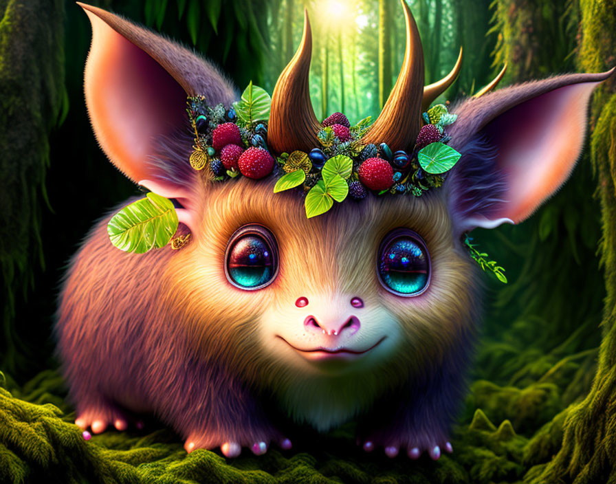 Fantastical creature with large ears and antlers in lush green forest