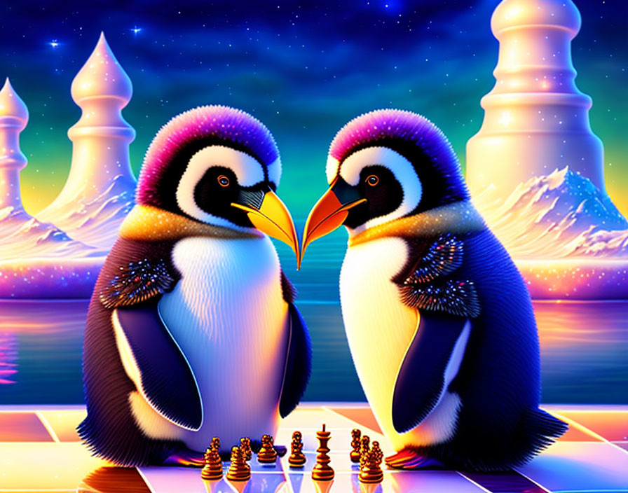 Cartoon penguins on chessboard with magical landscape background