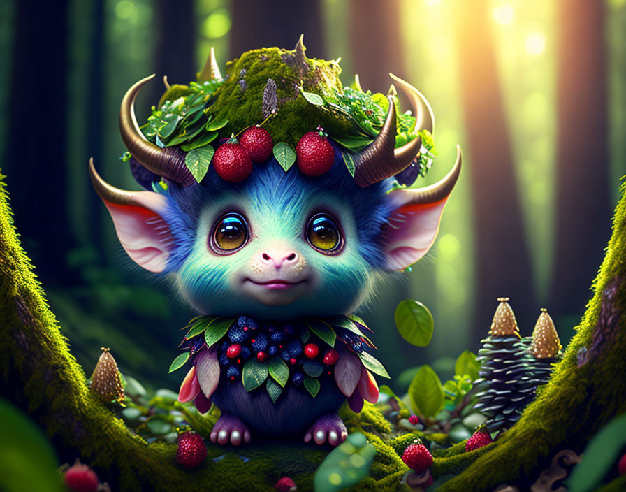 Fantasy creature with large ears and crown in sunlit forest clearing