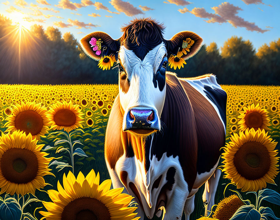 Cow with sunflowers in vibrant field at sunset