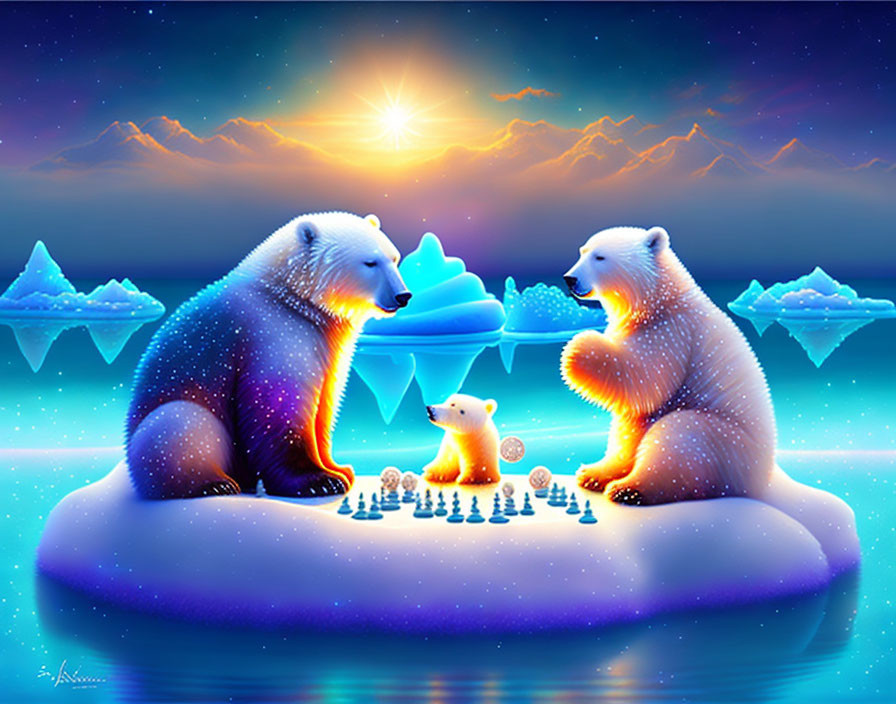 Polar bears playing on ice platform under starry sky