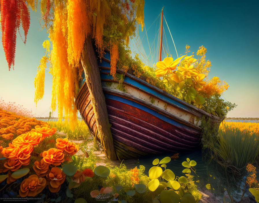 Old wooden boat covered in orange flowers near yellow blossoms by water