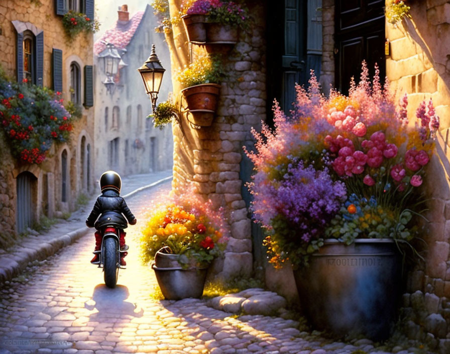 Person in black outfit rides motorcycle on cobblestone street with colorful flowers and old-world architecture at dusk