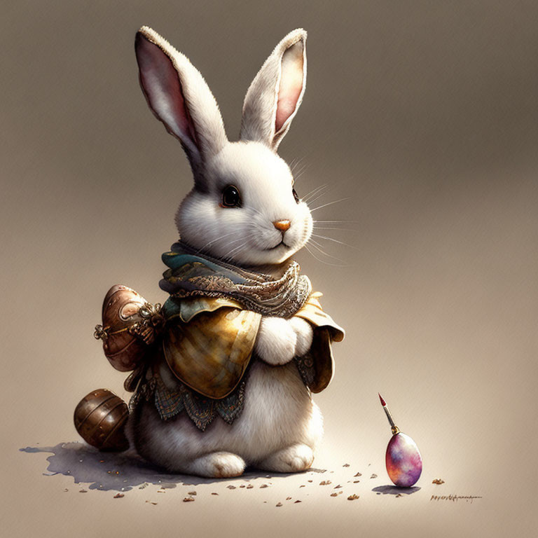 Whimsical white rabbit illustration with scarf, satchel, egg, and paintbrush