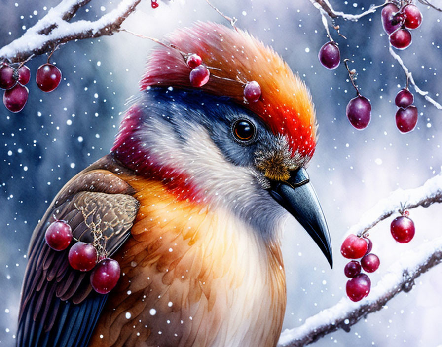 Colorful Bird on Snow-Covered Branch with Red Berries