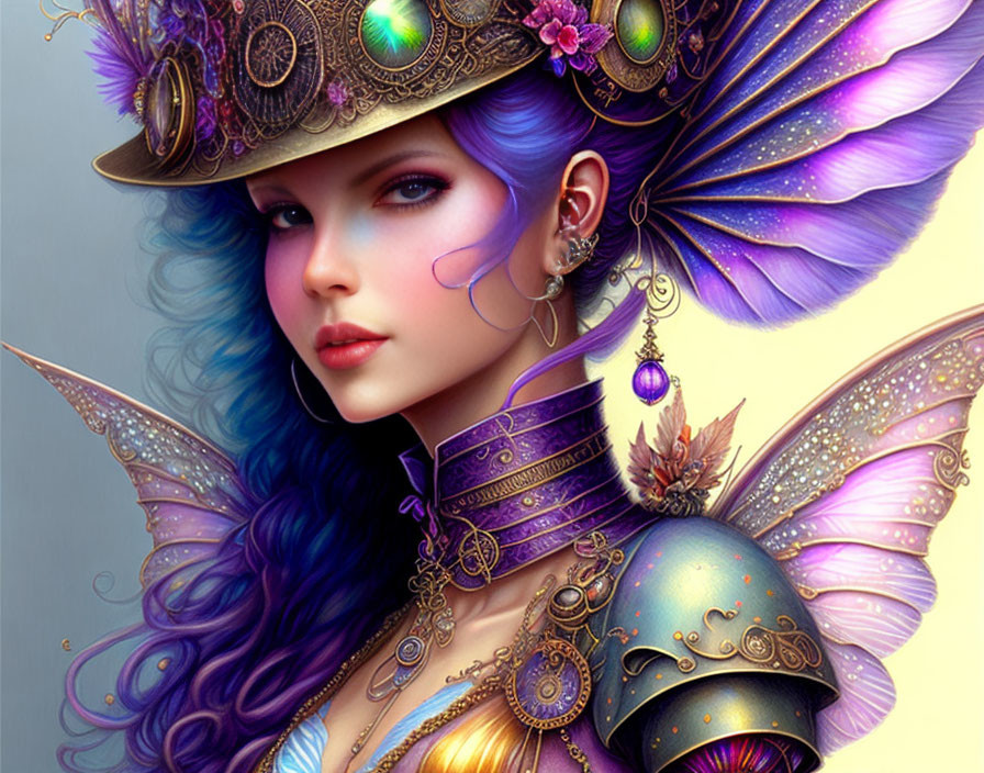 Fantasy digital artwork: Female character with blue hair, ornate armor, butterfly wings, jewelry,