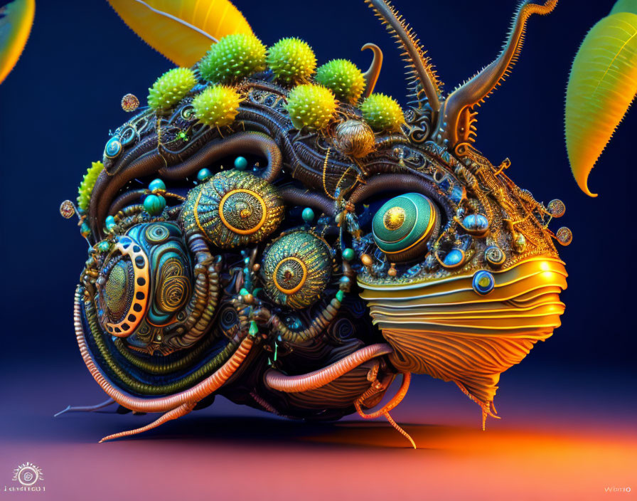 Colorful digital artwork: Bio-mechanical creature with metallic textures, orbs, and plant-like growth