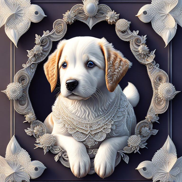 Adorable Puppy Illustration with Pearl Necklace in Ornate Frame