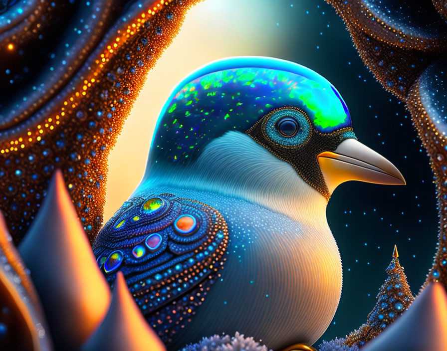 Colorful digital artwork: Bird with cosmic texture and ethereal starry background