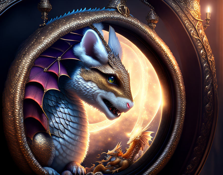 Fantasy dragon with bat-like wings and fox-like features in ornate circular frame with full moon.