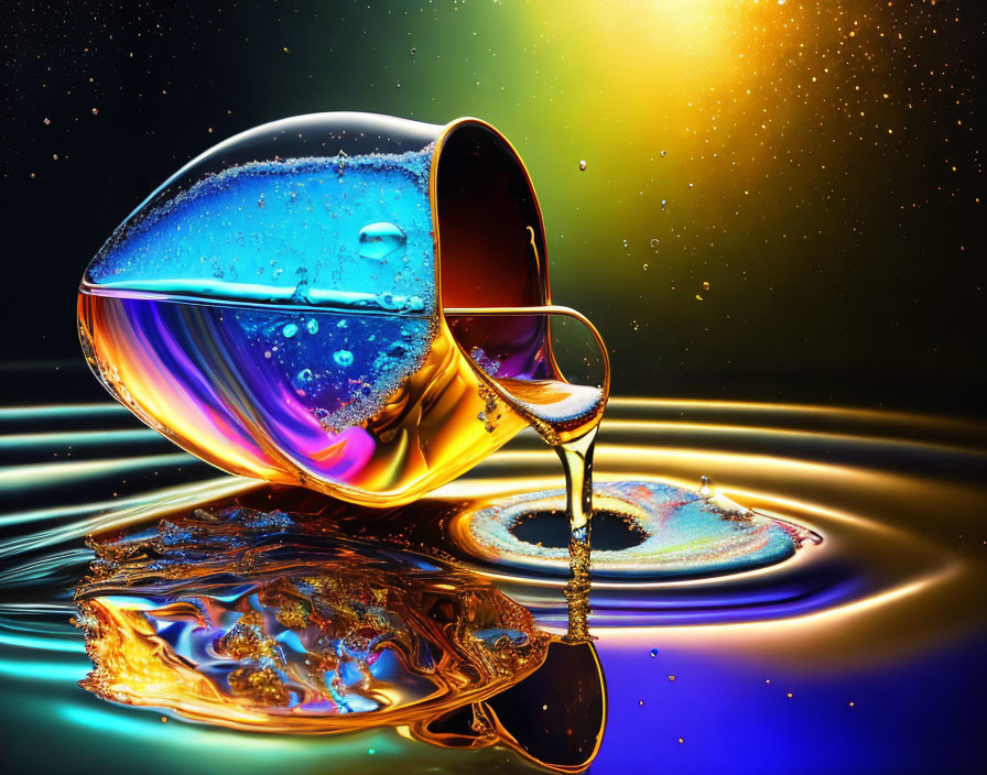 Colorful soap bubble on reflective surface with water droplets and ripples in warm light