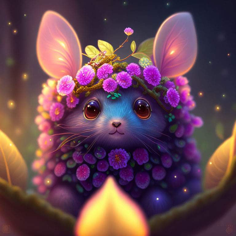 Adorable creature with big ears and flower coat in magical setting