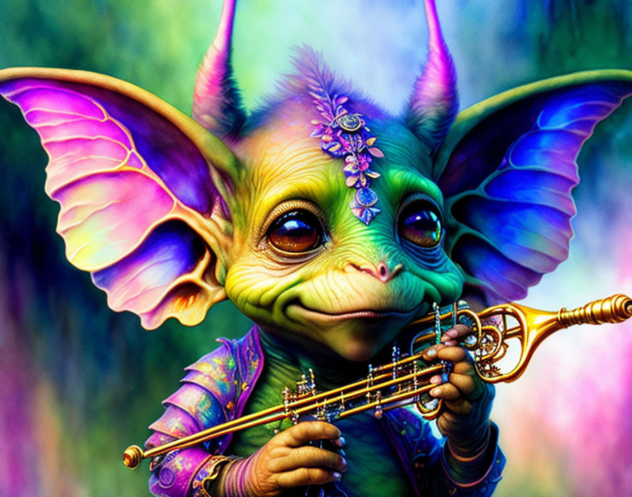 Colorful creature with wings playing trumpet in whimsical scene