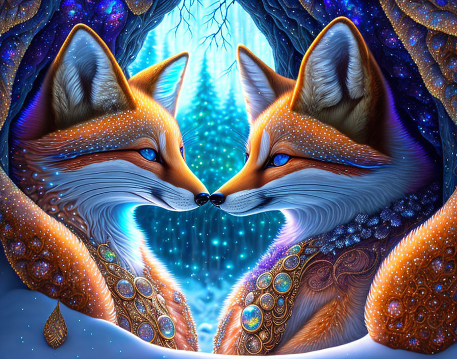 Vibrant, detailed foxes in mystical setting with ornate patterns