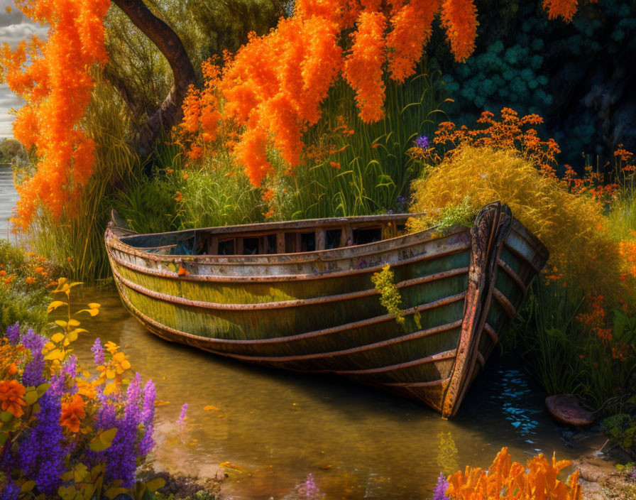 Old Wooden Boat Surrounded by Orange Flowers and Greenery