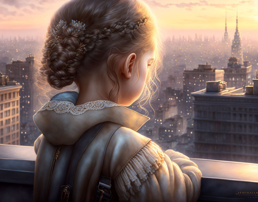 Silhouetted young girl with braided hair overlooking glowing cityscape at dusk