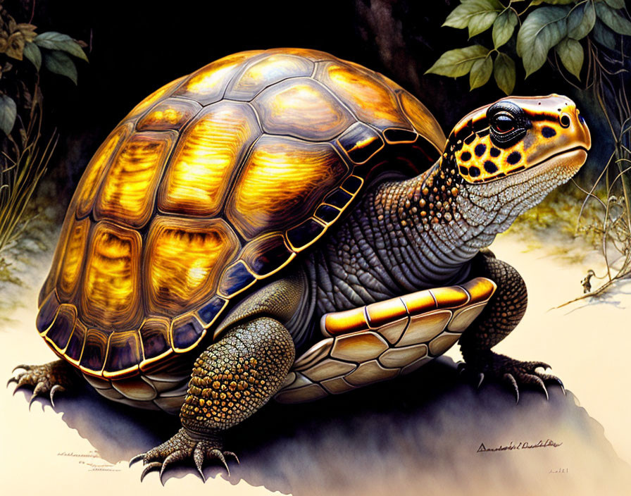 Detailed Tortoise Illustration with Yellow and Brown Shell in Jungle Setting