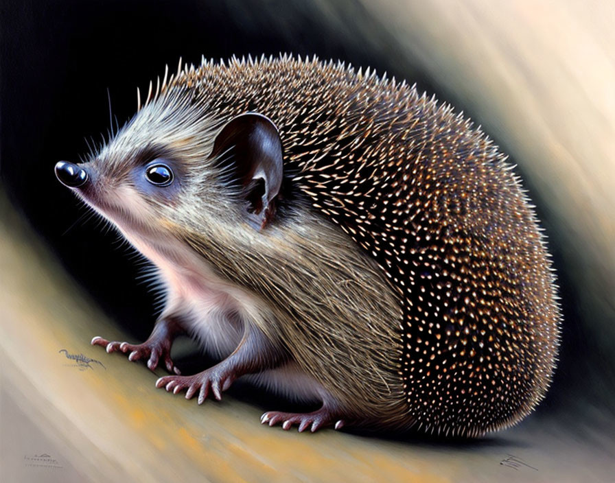 Detailed Hedgehog Illustration with Alert Expression on Blurred Background