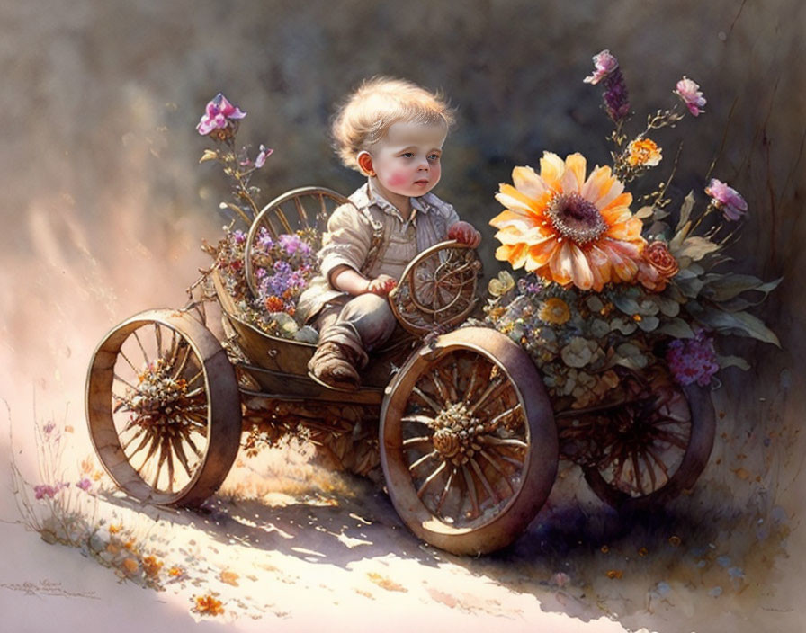 Child in vintage wooden wagon with colorful flowers, surrounded by dreamy background