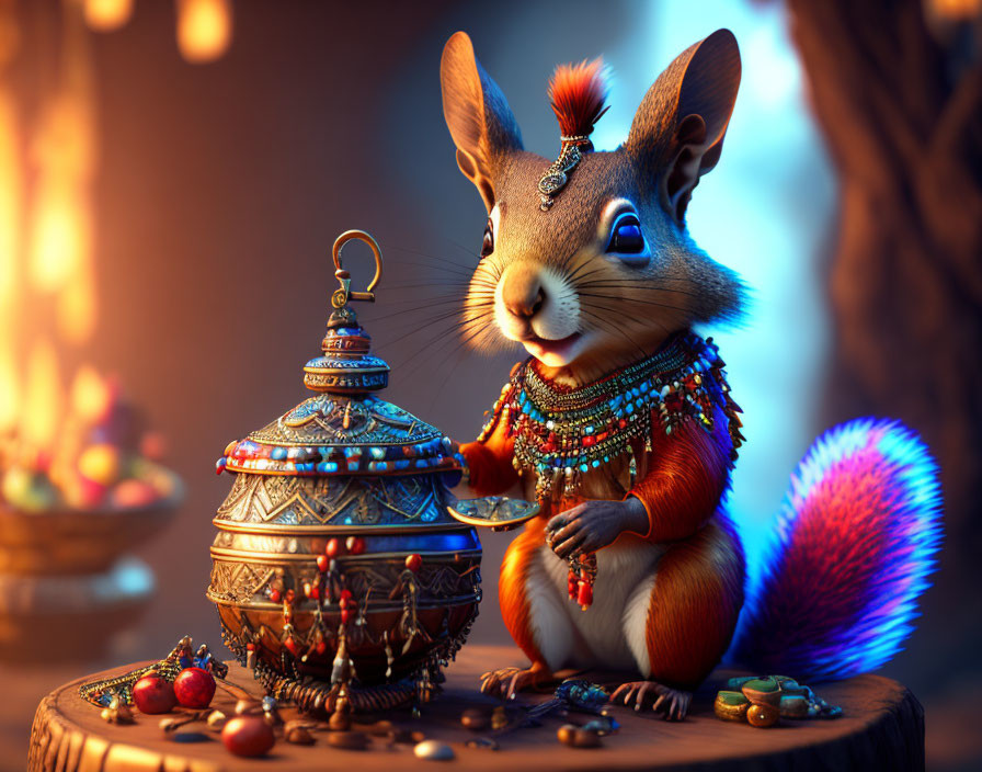 Colorful Beaded Squirrel with Lantern and Jewels in Fantasy Scene