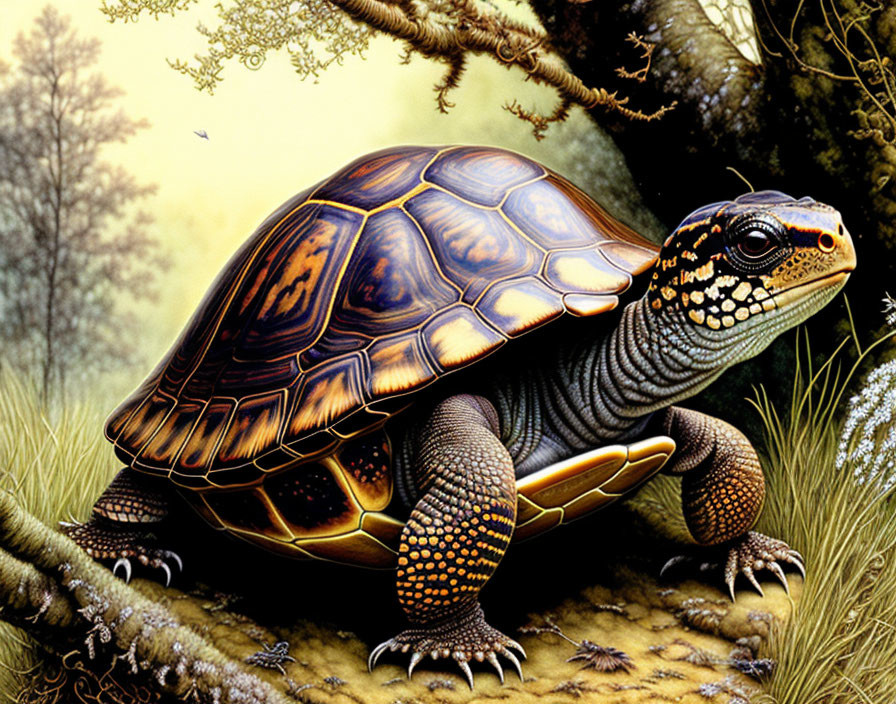 Illustration of textured shell turtle in grassy landscape