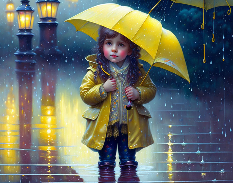 Child in Yellow Raincoat with Umbrella on Wet Street in Rain