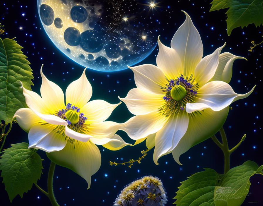 Illustration of white flowers, crescent moon, stars, and dandelions on a nocturnal