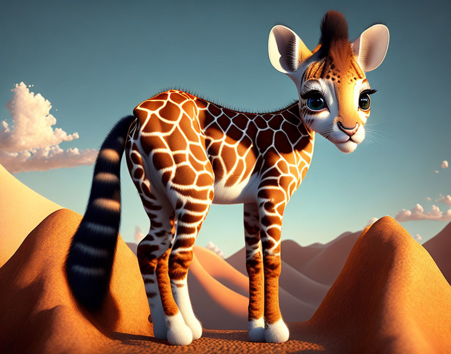 Stylized animated giraffe calf on sandy dune with desert hills background