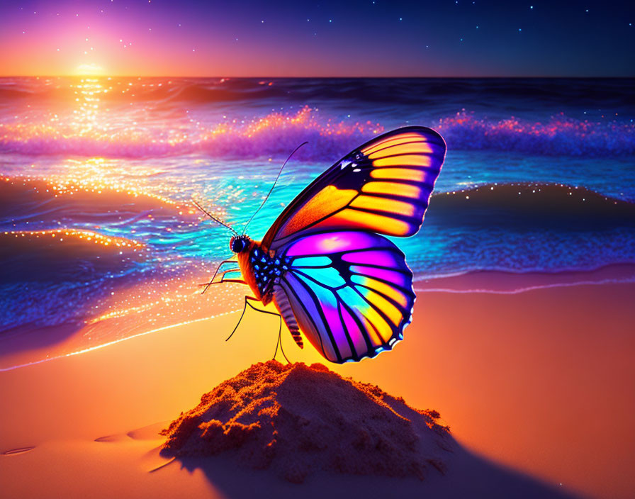 Colorful Butterfly on Sandy Beach at Sunset Beachscape