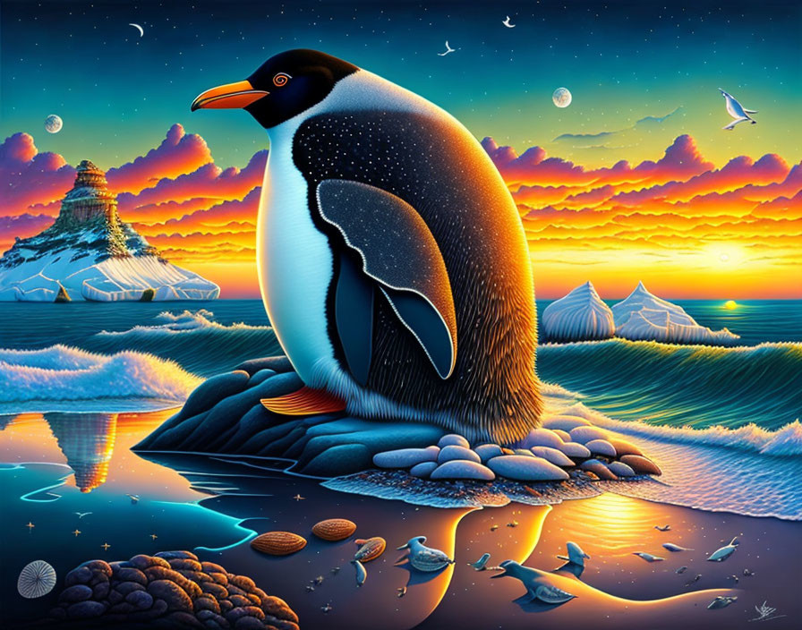 Colorful penguin artwork on icy shore at sunset