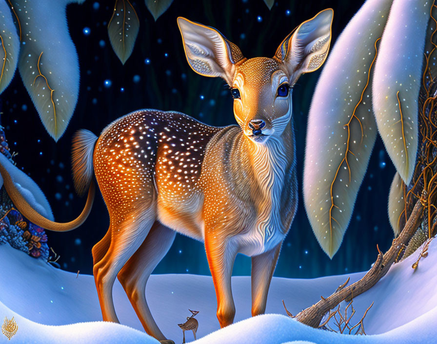 Glowing fawn in snowy forest with luminescent foliage