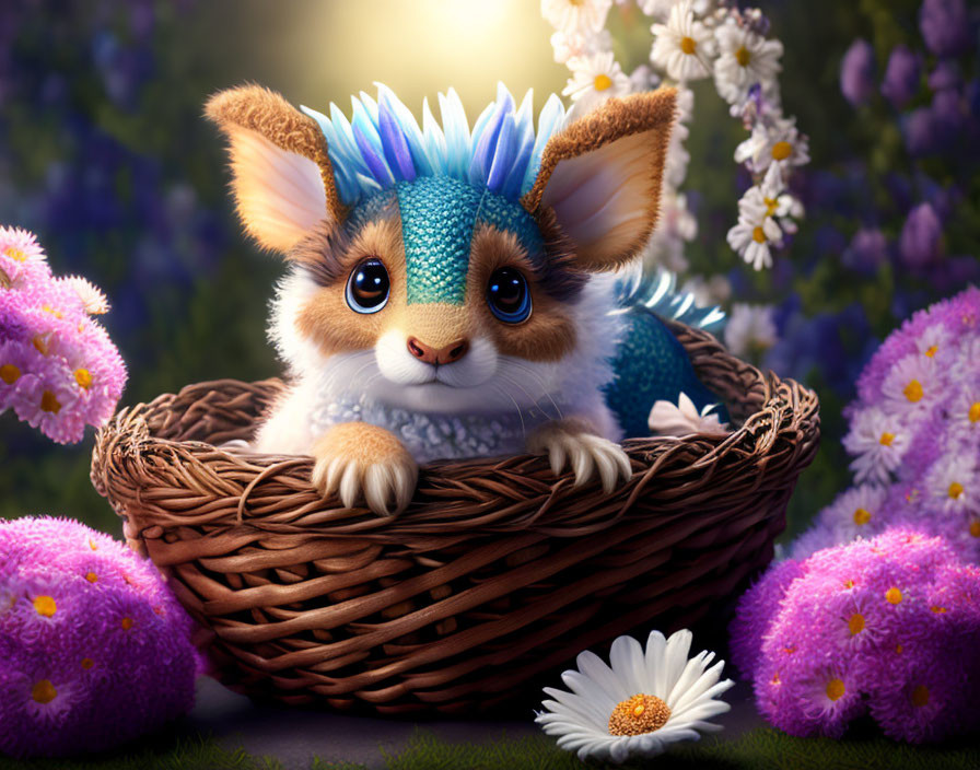 Fantastical creature with large ears in wicker basket among purple flowers