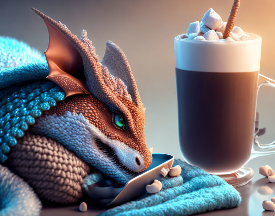 Dragon cuddling mug with marshmallows and hot chocolate scarf