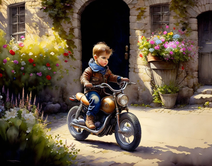 Child in leather jacket on toy motorcycle surrounded by flowers outside stone house